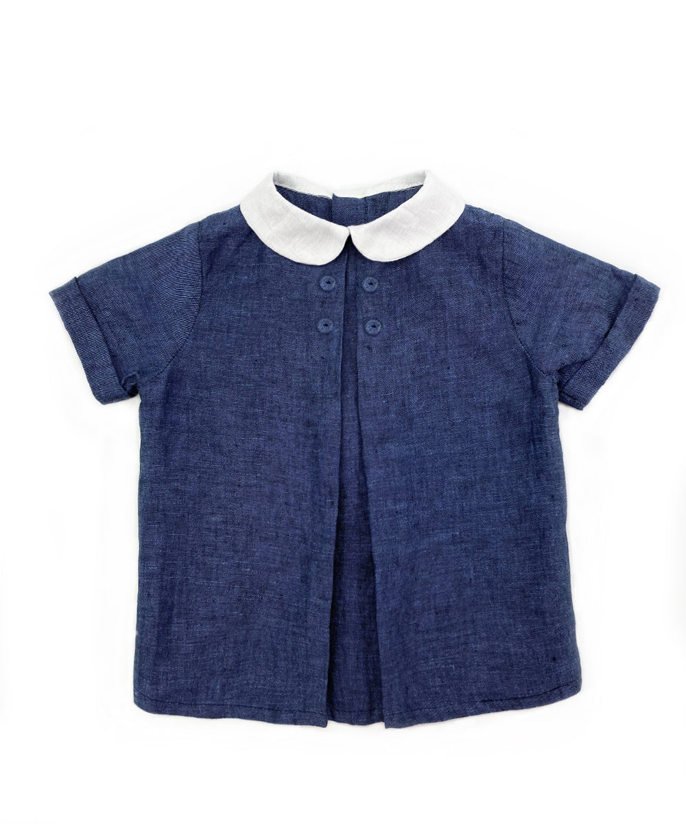 Camicia bambino lino blu con ripresa