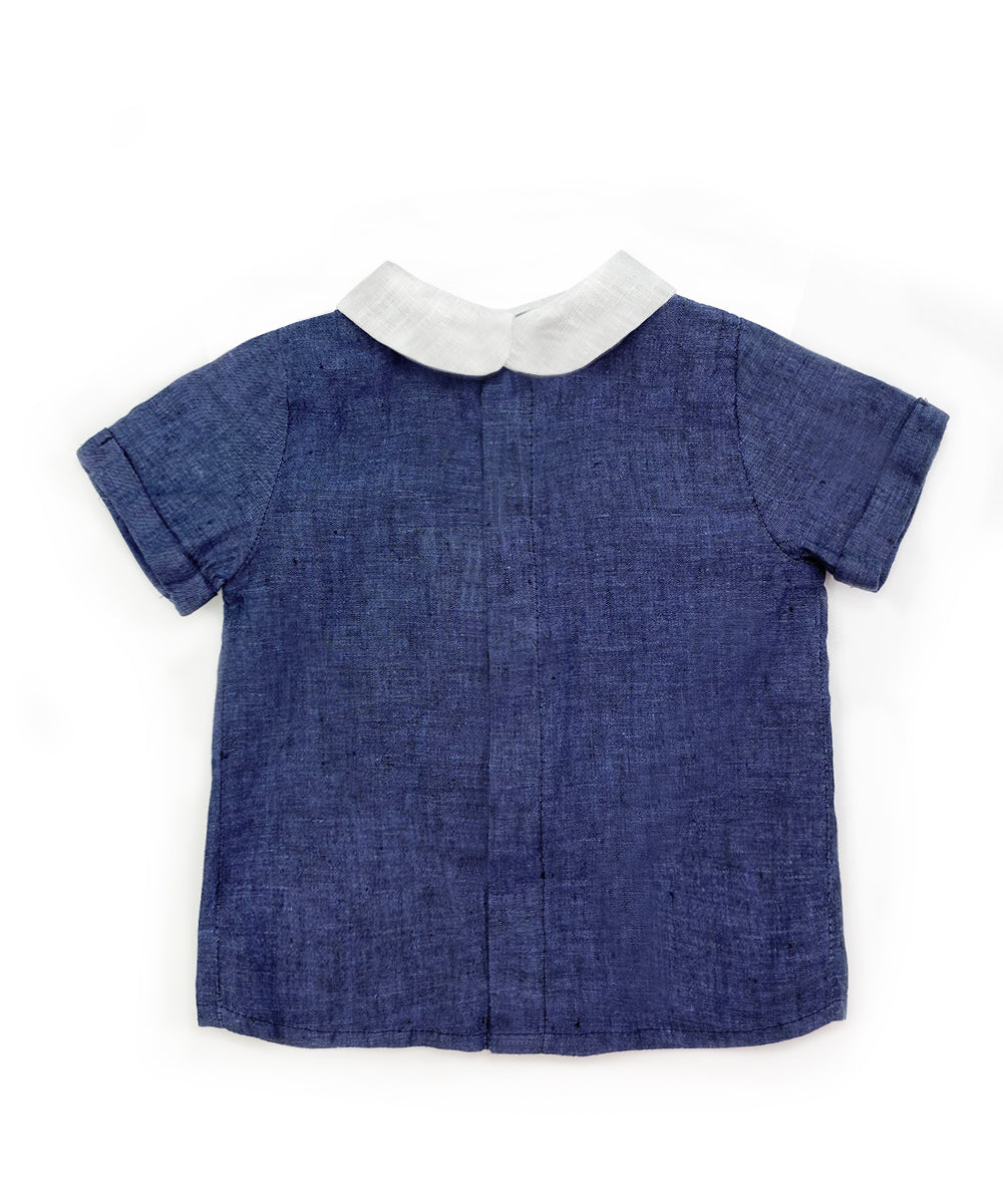 Camicia bambino lino blu con ripresa