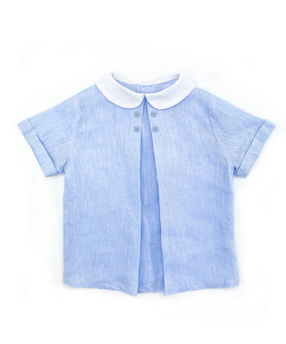 Camicia bambino lino celeste con ripresa