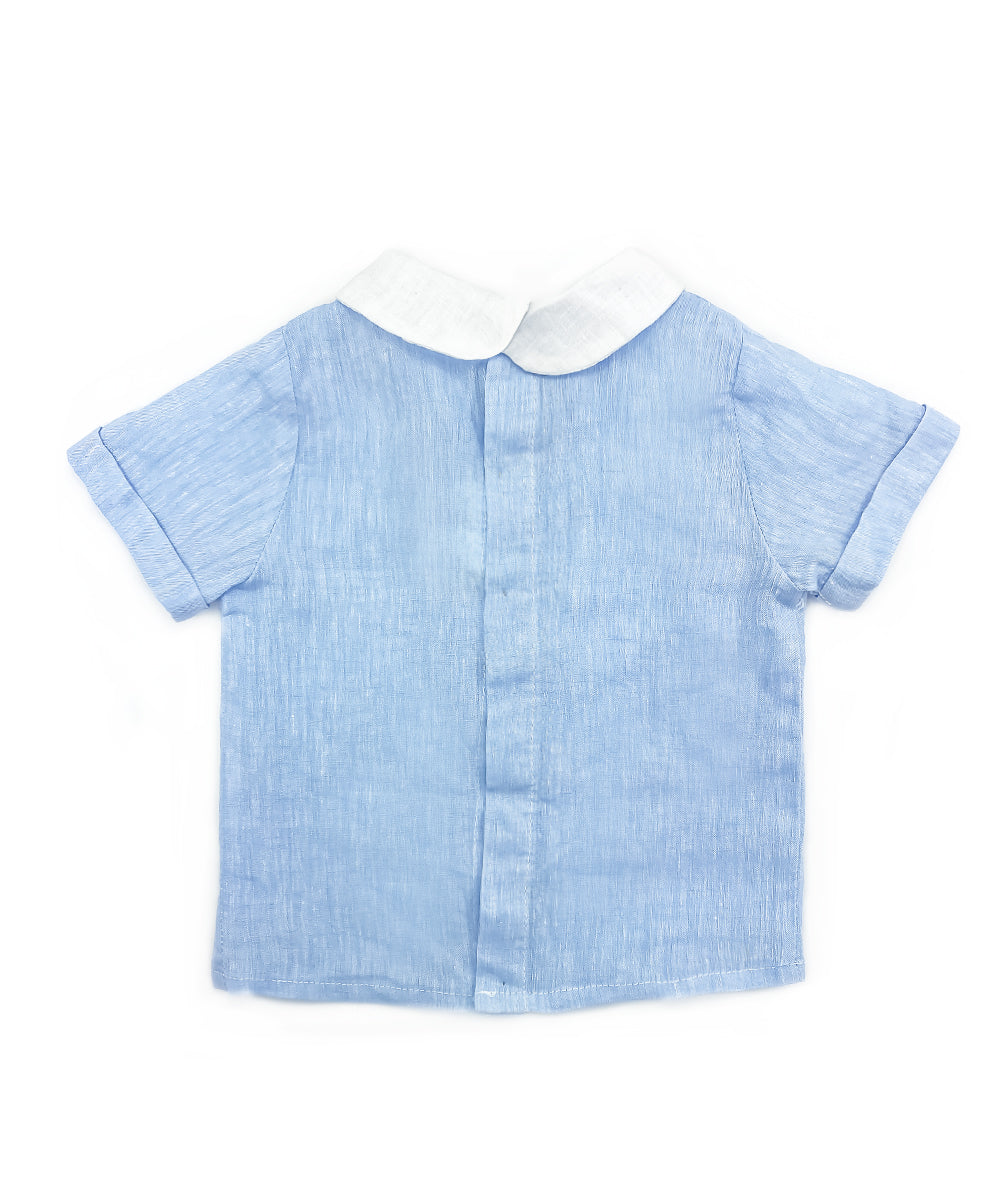 Camicia bambino lino celeste con ripresa