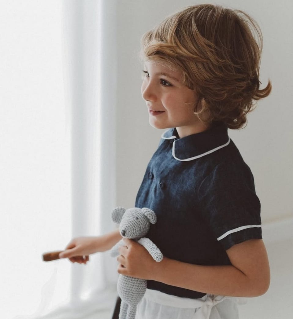 Camicia con bottoncini bambino lino blu
