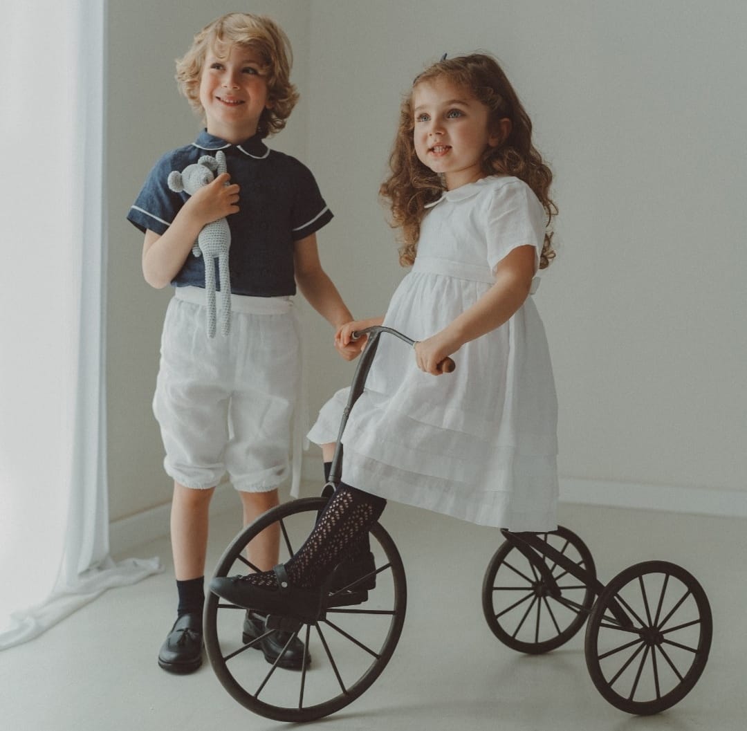 Camicia con bottoncini bambino lino blu