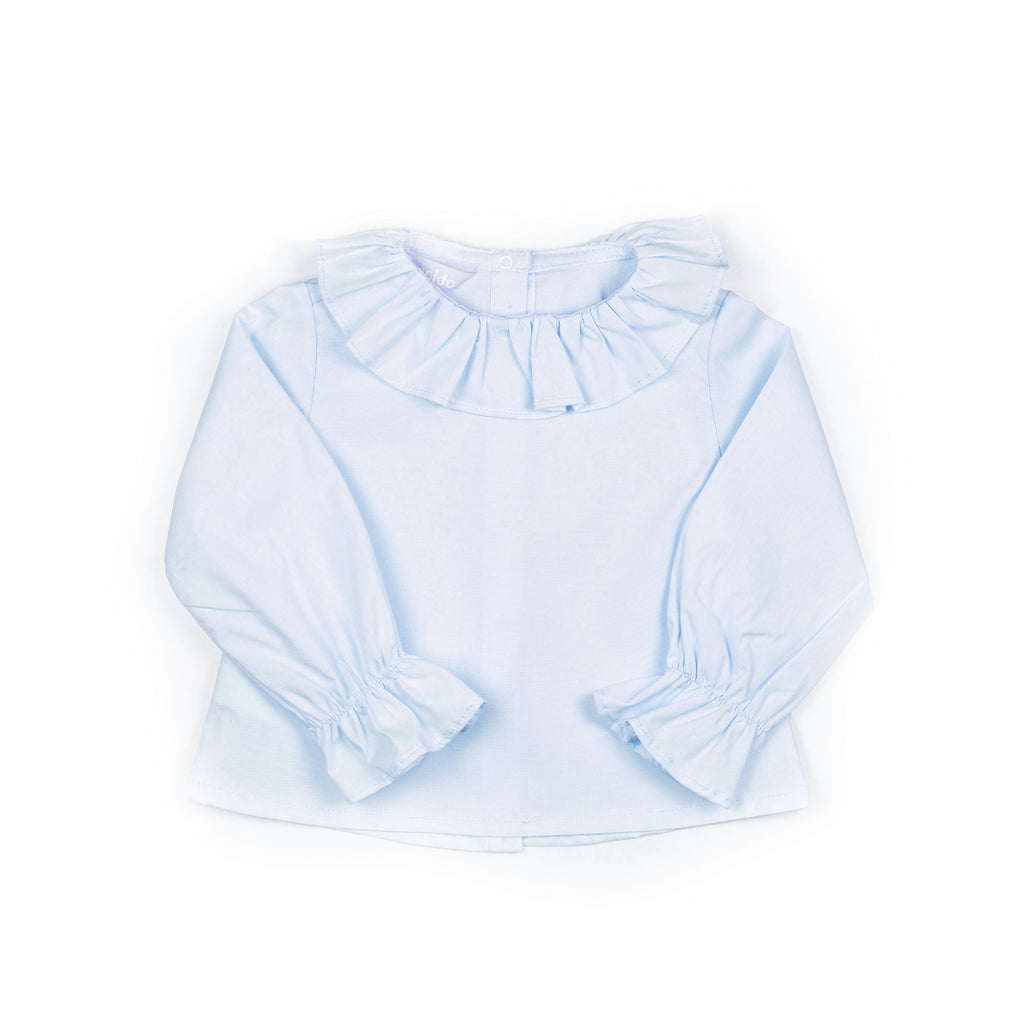 Camicia con collo rouches in piquet celeste