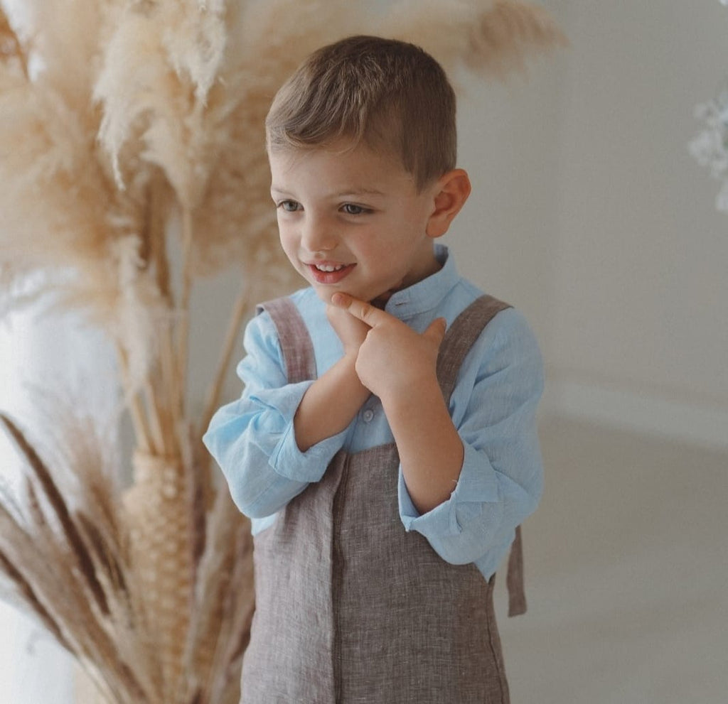 Camicia coreana bambino lino celeste
