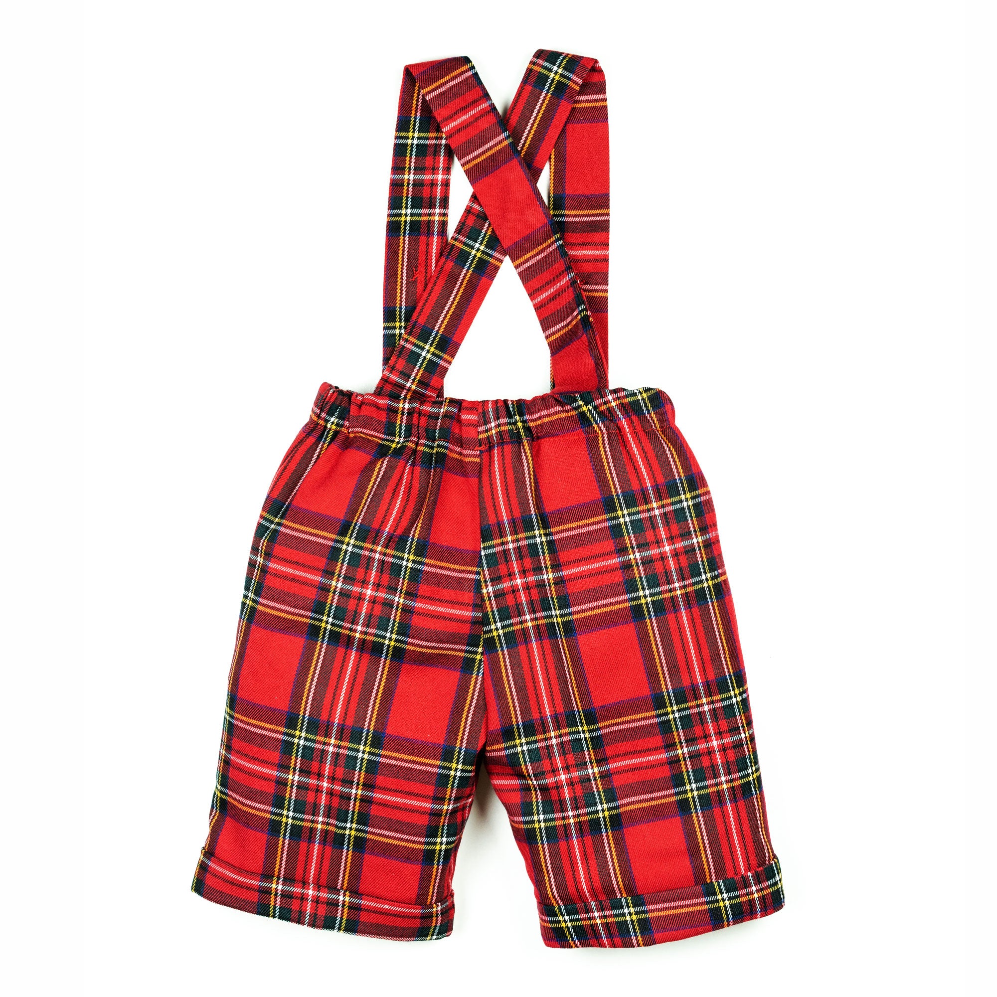 Pantaloni con bretelle all'inglese in tartan rosso