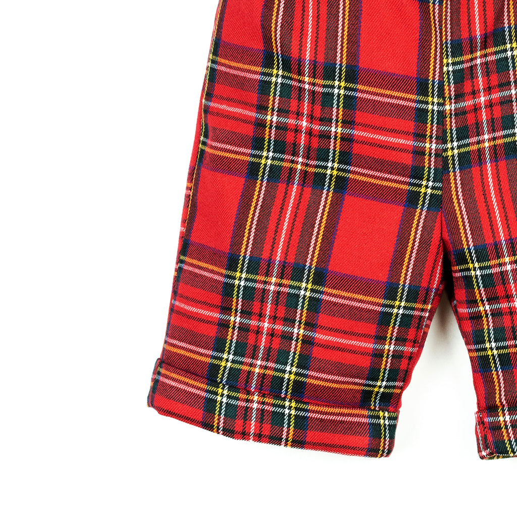 Pantaloni con bretelle all'inglese in tartan rosso