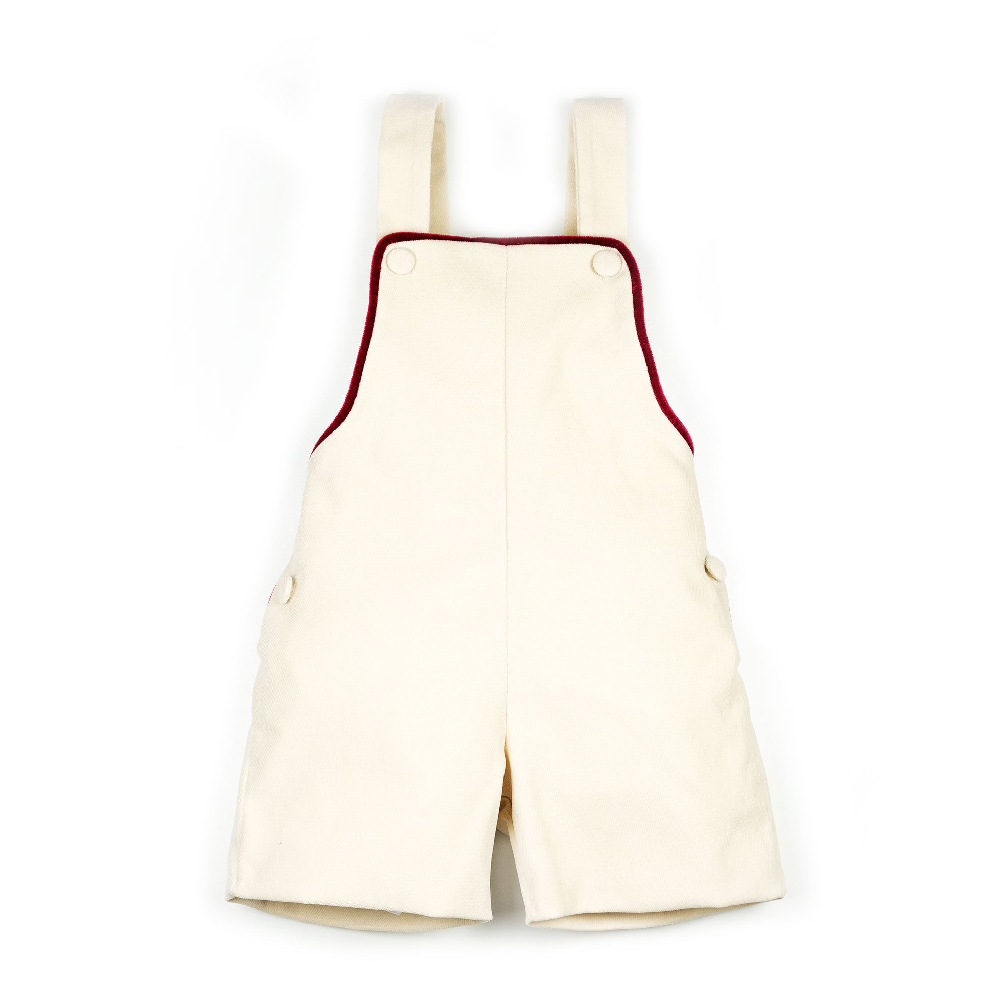 Salopette in velluto panna con profilo rosso