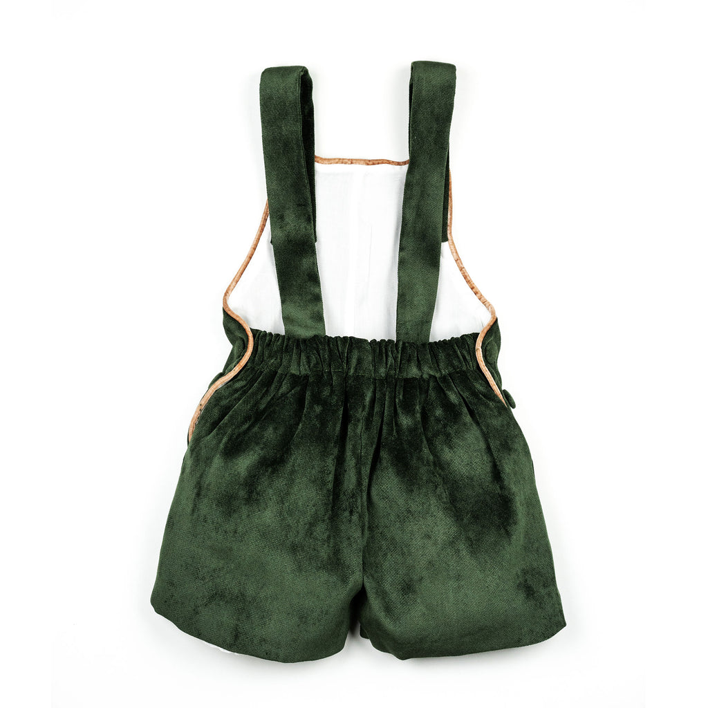 Salopette in velluto verde con profilo beige