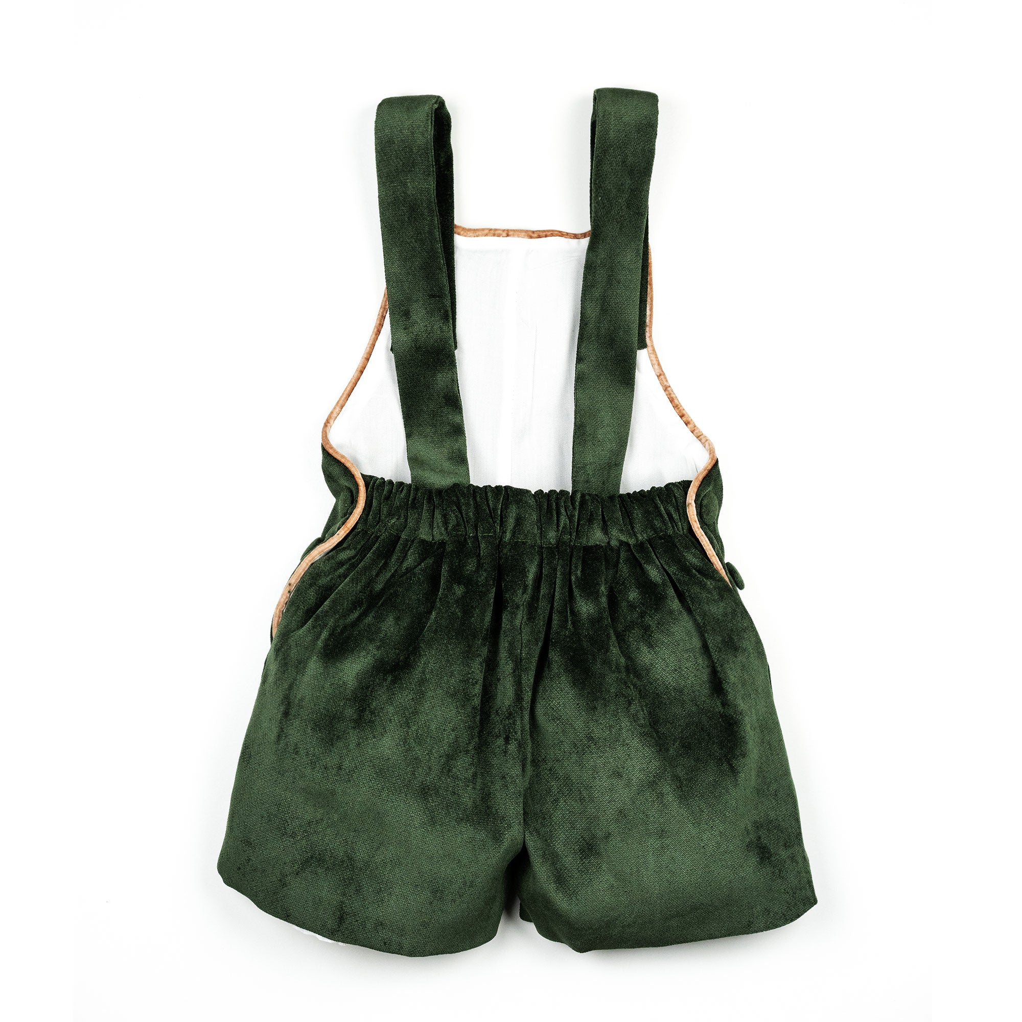 Salopette in velluto verde con profilo beige