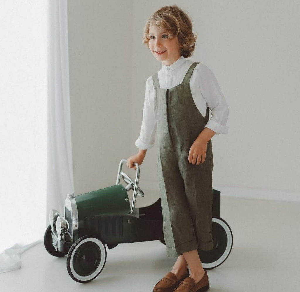 Salopette bambino lino verde militare
