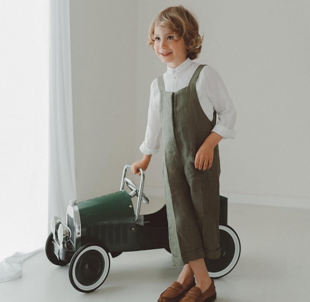 Salopette bambino lino verde militare
