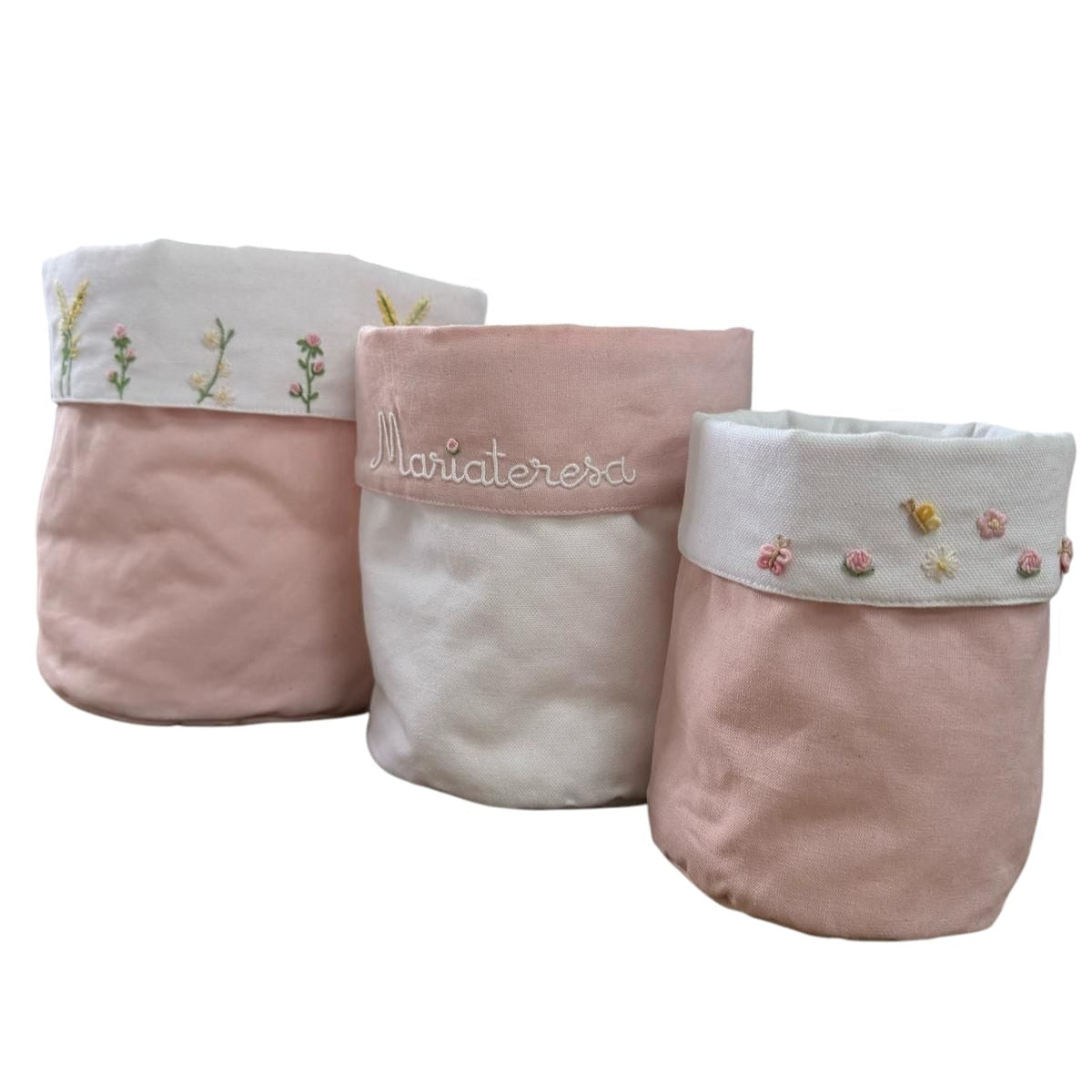 Set cestini reversibili con ricamo campo fiorito