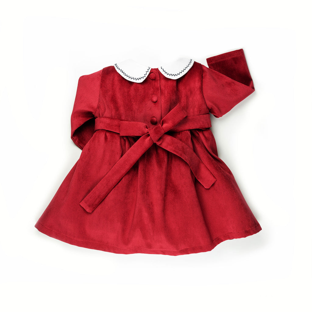 Vestito con colletto e manica lunga in  velluto rosso