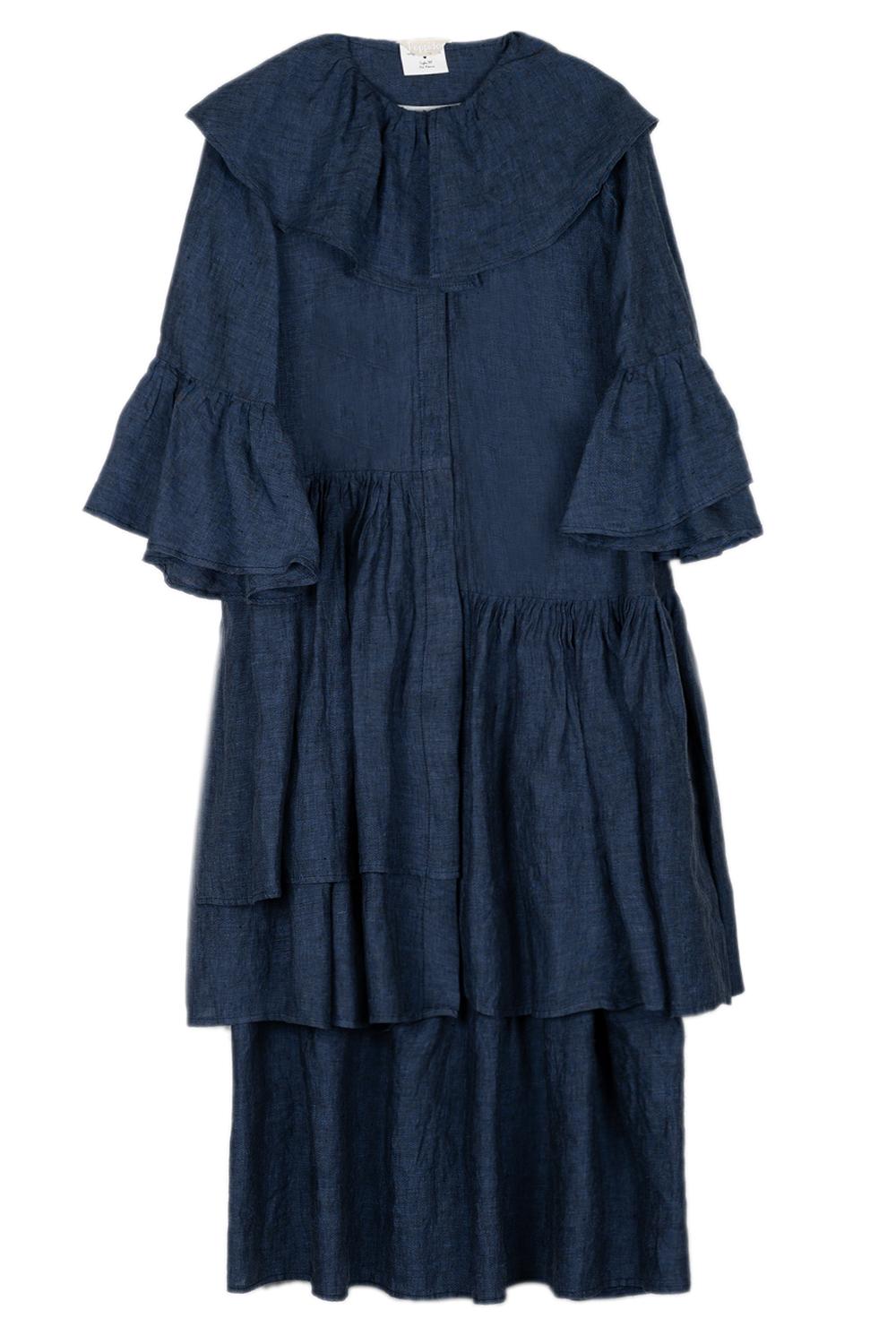 Vestito donna con volant in lino blu