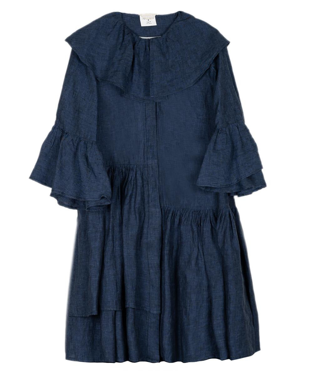 Vestito donna con volant in lino blu