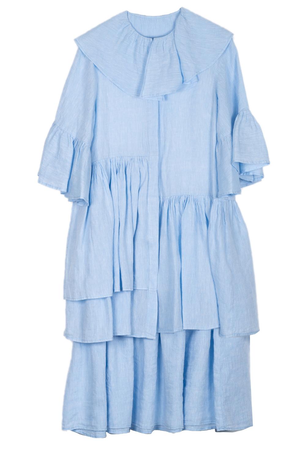Vestito donna con volant in lino celeste