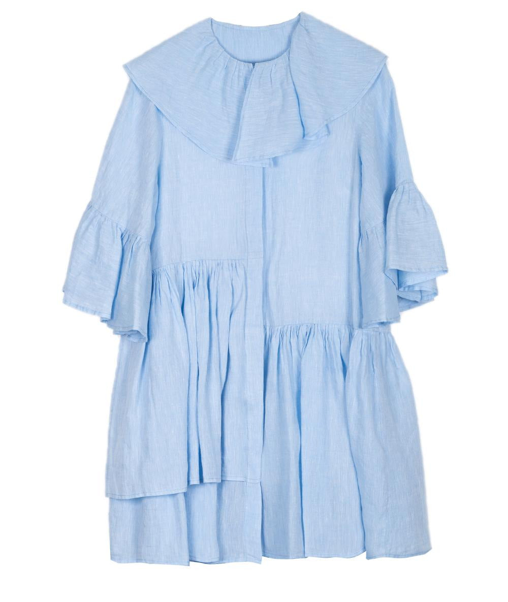 Vestito donna con volant in lino celeste