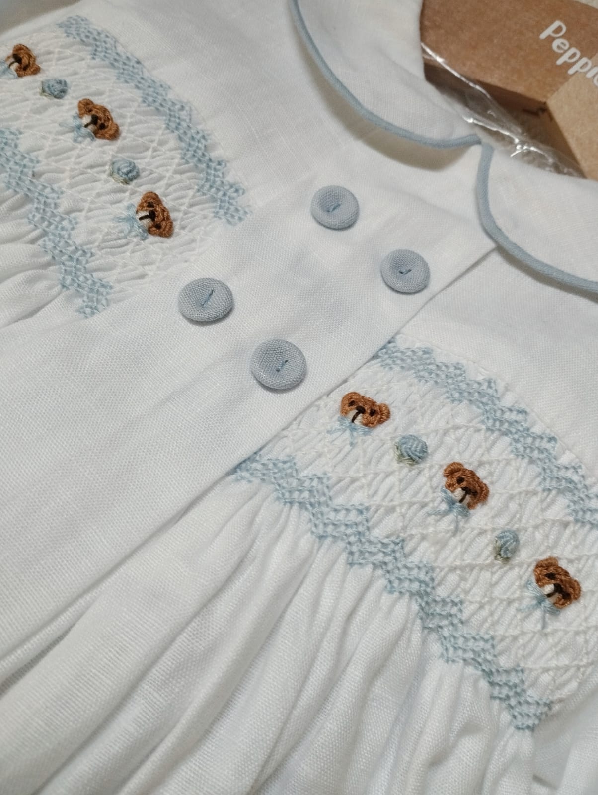 Pagliaccetto Battesimale con punto smock in lino